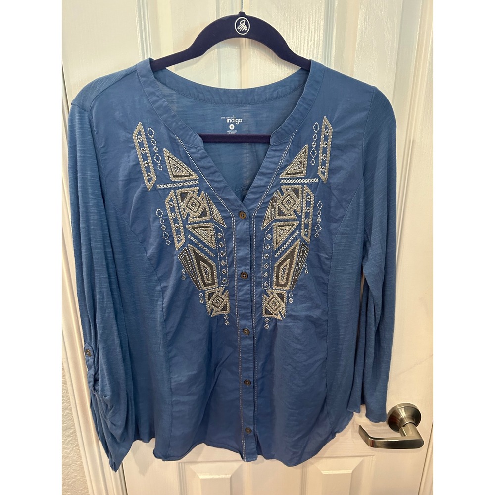 Great Northwest Indigo Button Top Blue Embroidered Boho Roll Tab Sleeve Blouse